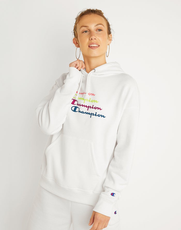 Sudadera Con Capucha Champion Mujer - Powerblend Fleece Relaxed Stacked Scripts Logo ( Blancas ) 152